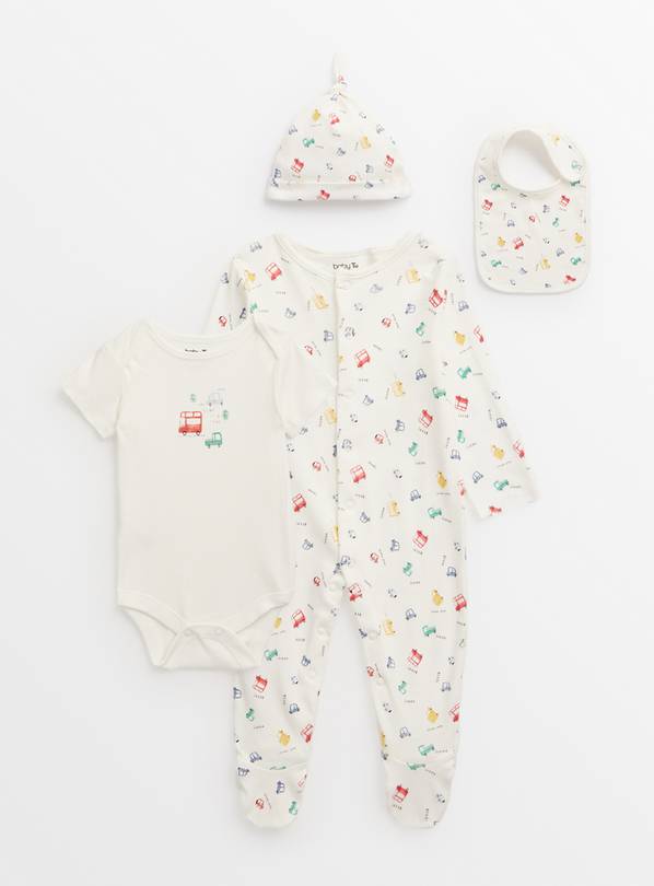 Buy White Toy Car Print 4 Piece Starter Set Newborn Sleepsuits and